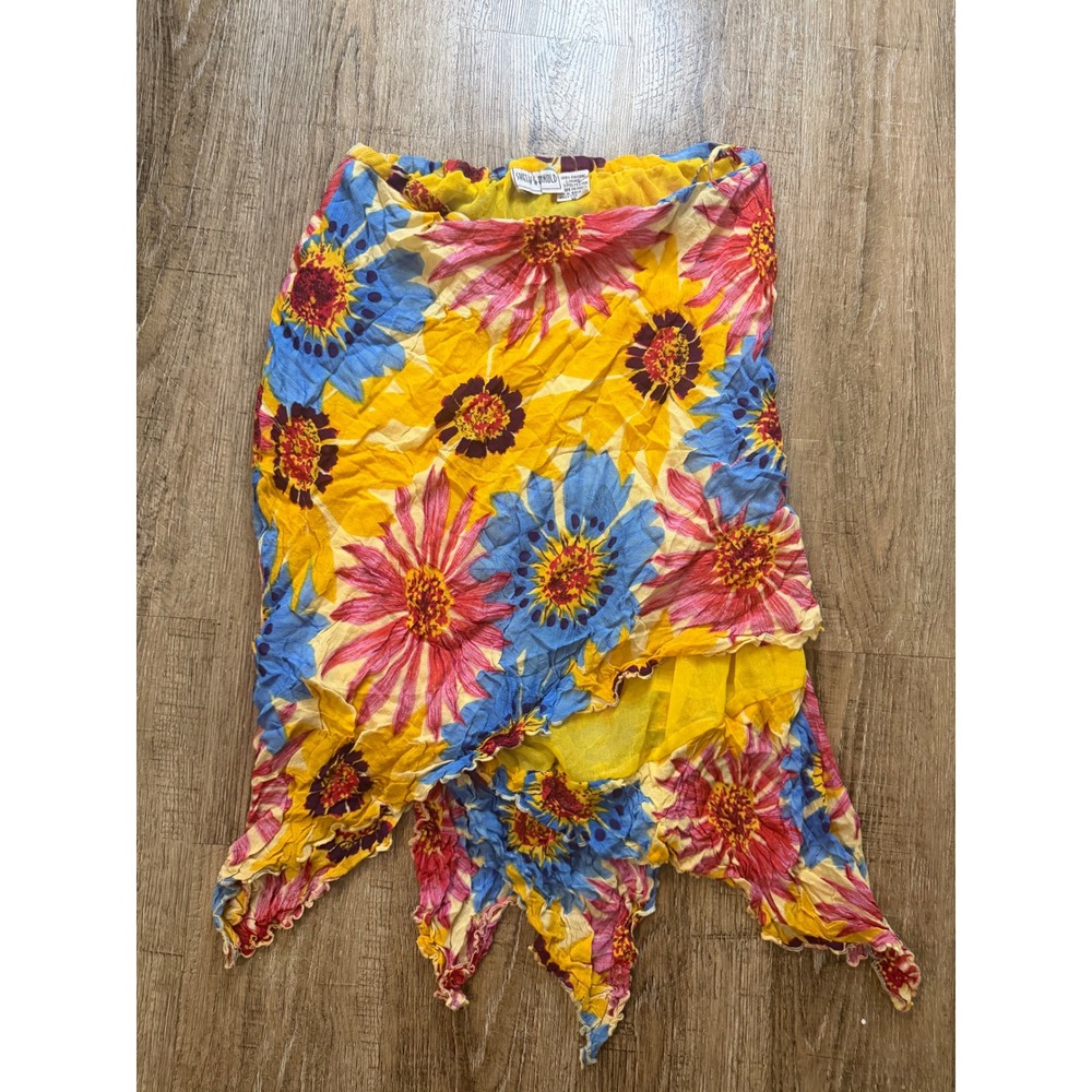 Shelly & Arnold Vintage Floral Handkerchief Hem Midi Skirt Medium Yellow Boho